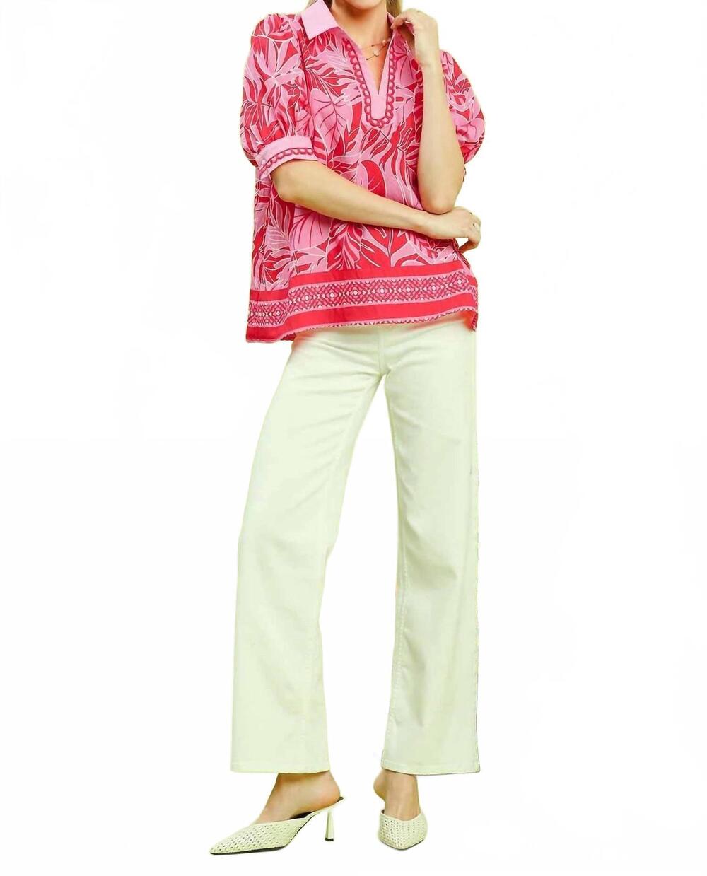 NEW UMGEE tropical print puff sleeve blouse in red